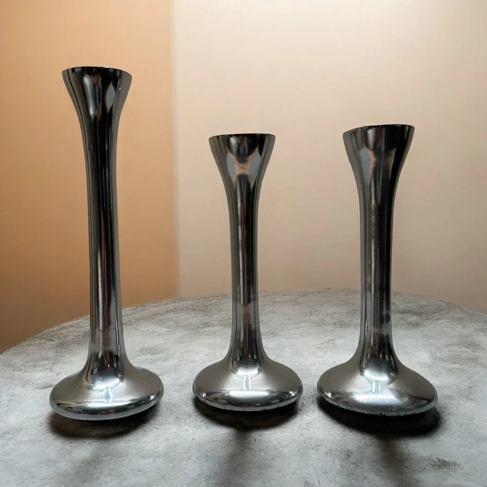 Pottery Barn Set of Three Egg Silver Tone Metal Taper Candle Holders